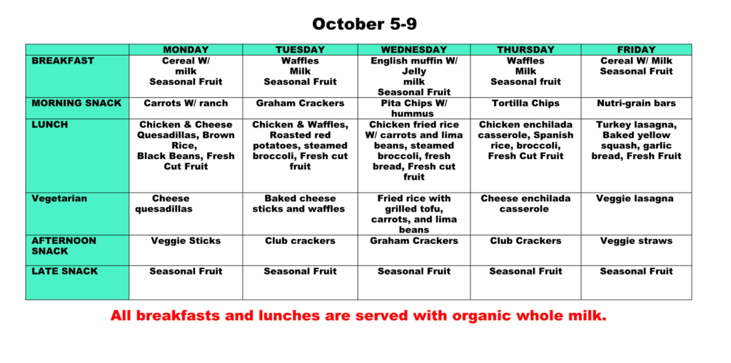 RedRose Montessori Preschool Menu Oct 5 9