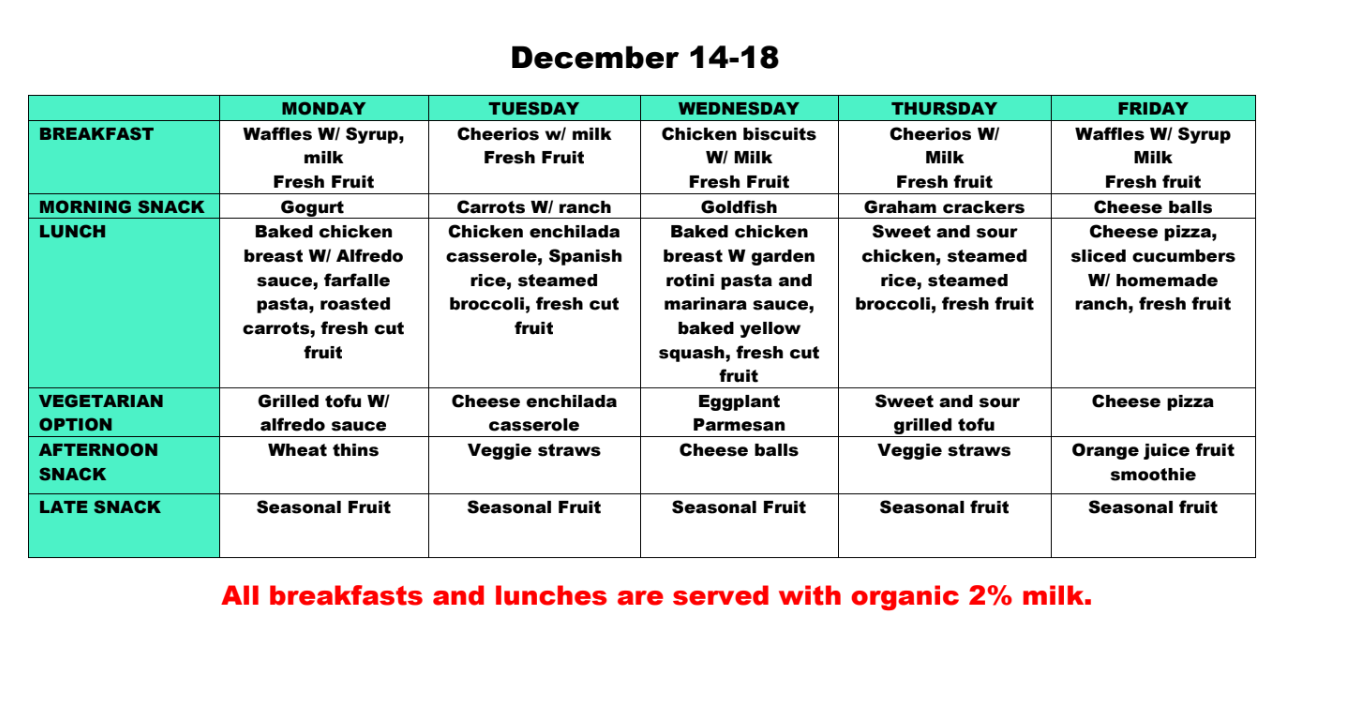RedRose Montessori Preschool Cypress Texas Menu Dec 14 Dec 18